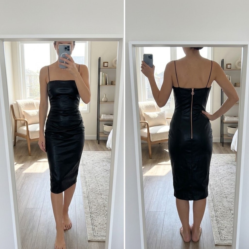Nookie Posse Faux Leather Ruched Midi Dress Black XS Spaghetti Strap Back Zip